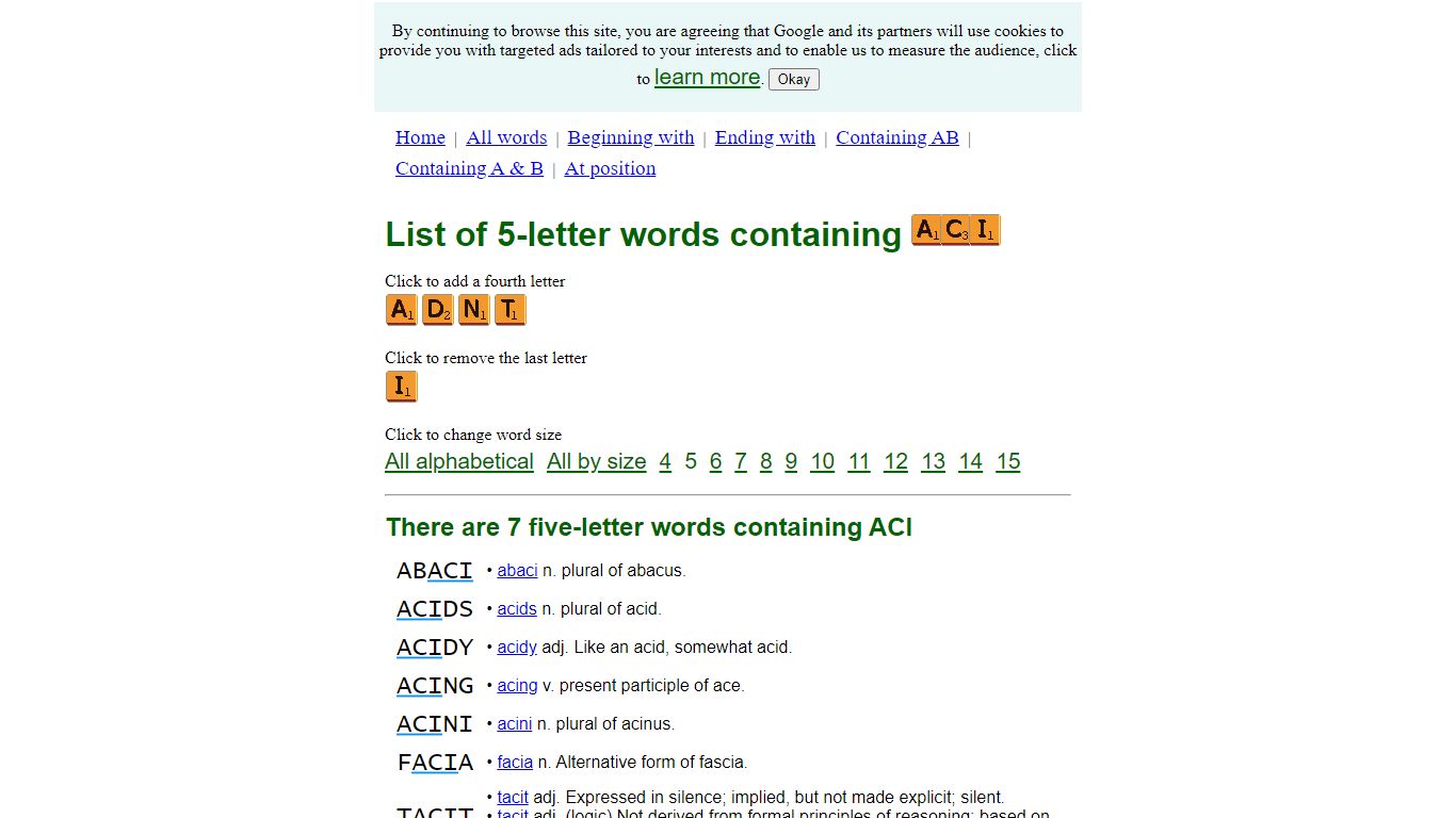 All 5-letter words containing ACI - Best Word List